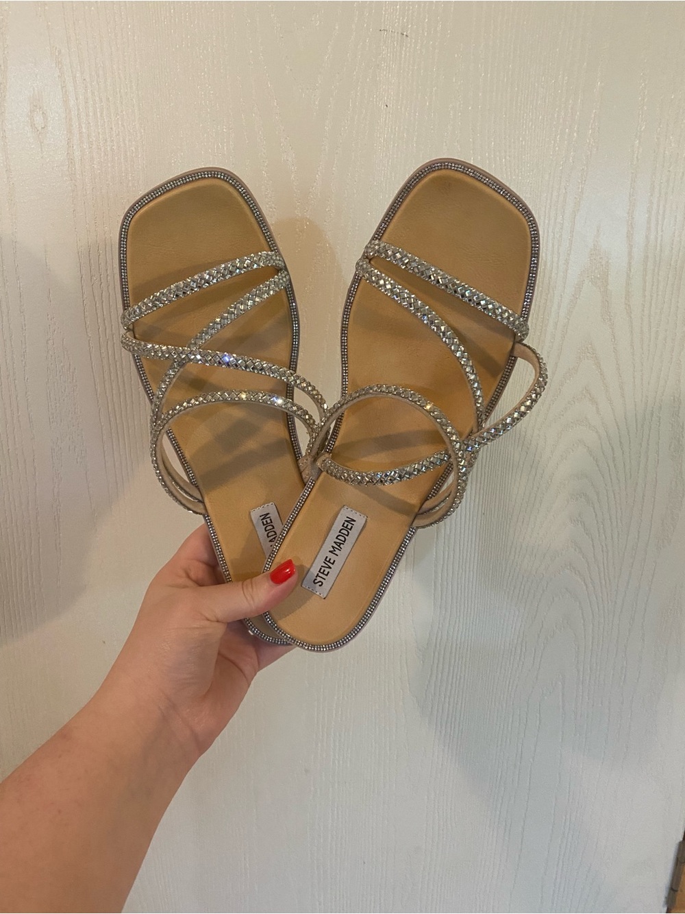 Steve Madden Tan Slide Sandals with Crystal Embellished Straps